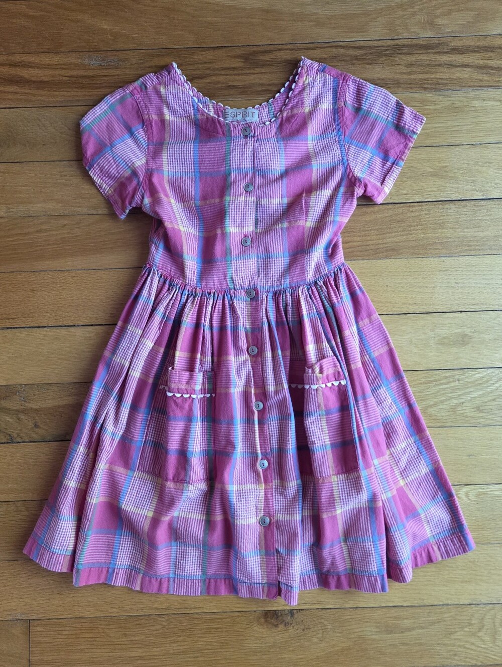 Vintage Esprit Pink Plaid Button-Front Girls Dress.